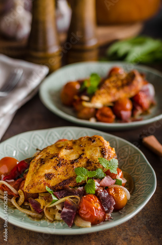 Grilled chicken steak with roasted vegetable