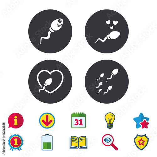 Sperm icons. Fertilization or insemination signs. Safe love heart symbol. Calendar, Information and Download signs. Stars, Award and Book icons. Light bulb, Shield and Search. Vector