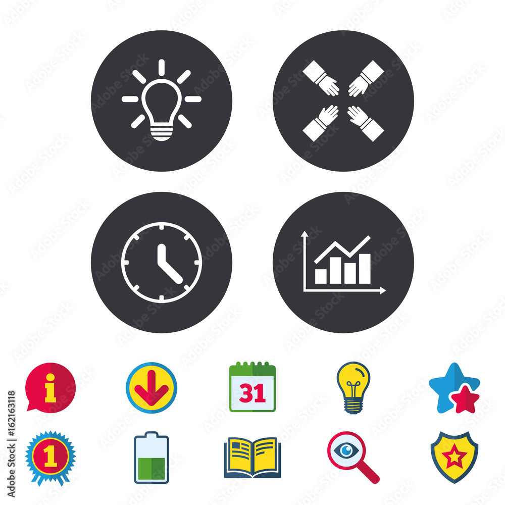 Lamp idea and clock time icons. Graph chart diagram sign. Teamwork symbol. Calendar, Information and Download signs. Stars, Award and Book icons. Light bulb, Shield and Search. Vector