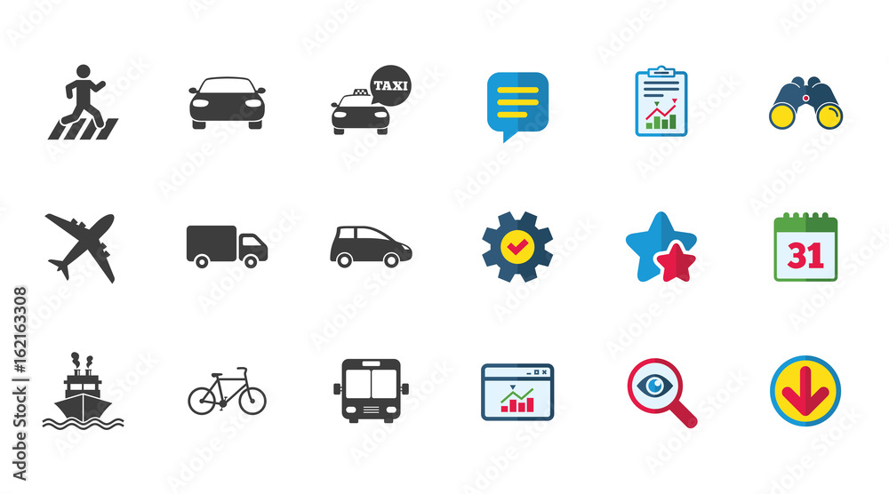 Transport icons. Car, bike, bus and taxi signs. Shipping delivery, pedestrian crossing symbols. Calendar, Report and Download signs. Stars, Service and Search icons. Statistics, Binoculars and Chat Transport icons. Car, bike, bus and taxi signs. Shipping delivery, pedestrian crossing symbols. Calendar, Report and Download signs. Stars, Service and Search icons. Statistics, Binoculars and Chat