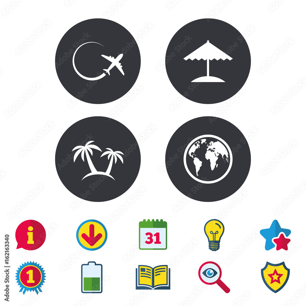Travel trip icon. Airplane, world globe symbols. Palm tree and Beach umbrella signs. Calendar, Information and Download signs. Stars, Award and Book icons. Light bulb, Shield and Search. Vector