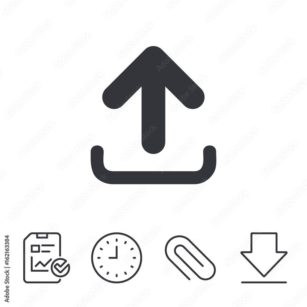 Upload sign icon. Load data symbol. Report, Time and Download line signs. Paper Clip linear icon. Vector Upload sign icon. Load data symbol. Report, Time and Download line signs. Paper Clip linear icon. Vector