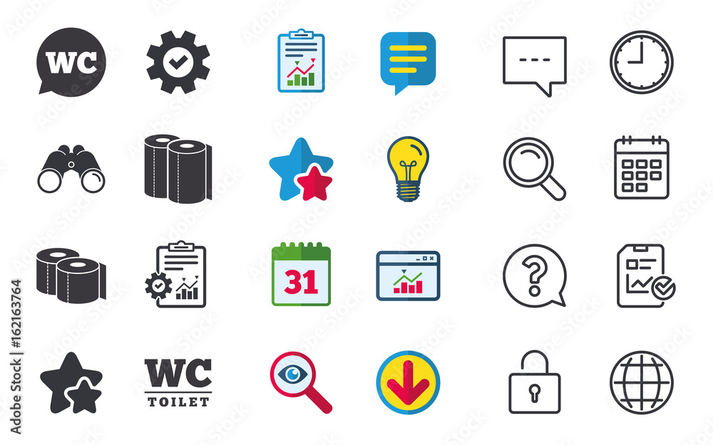 Toilet paper icons. Gents and ladies room signs. Paper towel or kitchen roll. Speech bubble symbol. Chat, Report and Calendar signs. Stars, Statistics and Download icons. Question, Clock and Globe Toilet paper icons. Gents and ladies room signs. Paper towel or kitchen roll. Speech bubble symbol. Chat, Report and Calendar signs. Stars, Statistics and Download icons. Question, Clock and Globe