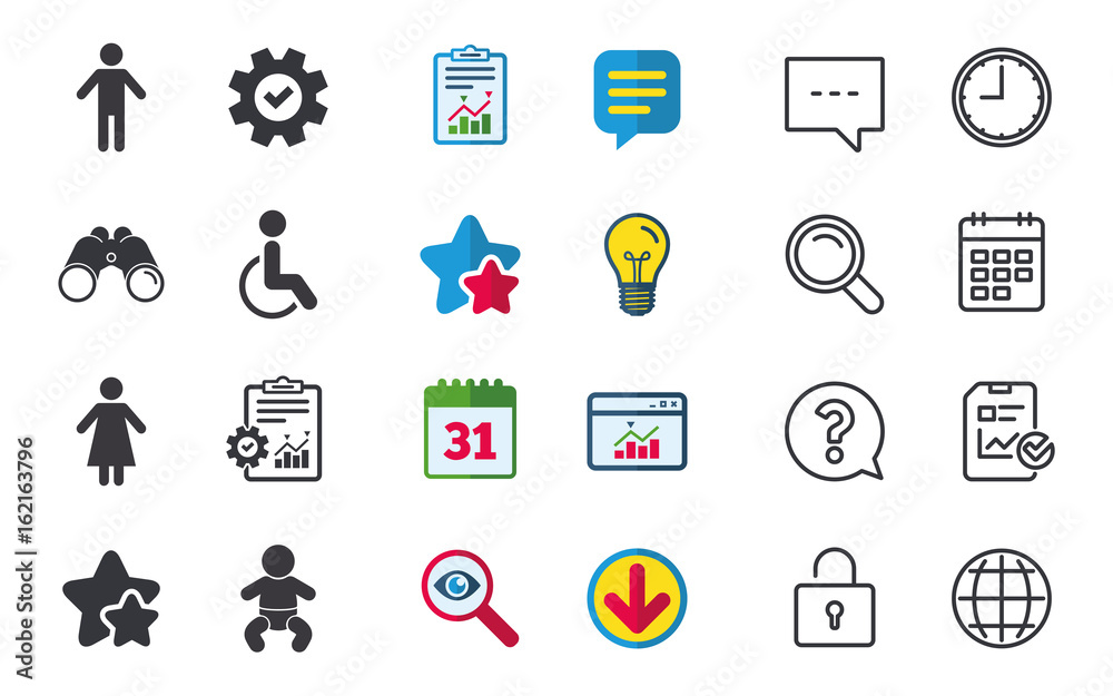 WC toilet icons. Human male or female signs. Baby infant or toddler. Disabled handicapped invalid symbol. Chat, Report and Calendar signs. Stars, Statistics and Download icons. Vector
