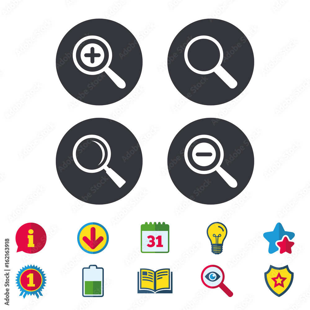 Magnifier glass icons. Plus and minus zoom tool symbols. Search information signs. Calendar, Information and Download signs. Stars, Award and Book icons. Light bulb, Shield and Search. Vector Magnifier glass icons. Plus and minus zoom tool symbols. Search information signs. Calendar, Information and Download signs. Stars, Award and Book icons. Light bulb, Shield and Search. Vector