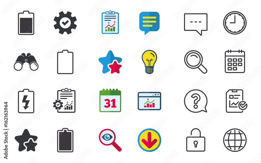 Battery charging icons. Electricity signs symbols. Charge levels: full, empty. Chat, Report and Calendar signs. Stars, Statistics and Download icons. Question, Clock and Globe. Vector
