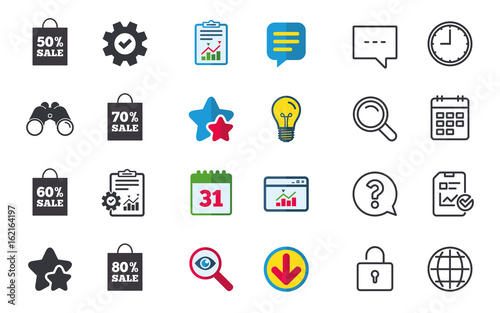 Sale bag tag icons. Discount special offer symbols. 50%, 60%, 70% and 80% percent sale signs. Chat, Report and Calendar signs. Stars, Statistics and Download icons. Question, Clock and Globe. Vector