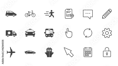Transport icons. Car, bike, bus and taxi signs. Shipping delivery, ambulance symbols. Chat, Report and Calendar line signs. Service, Pencil and Locker icons. Click, Rotation and Cursor. Vector