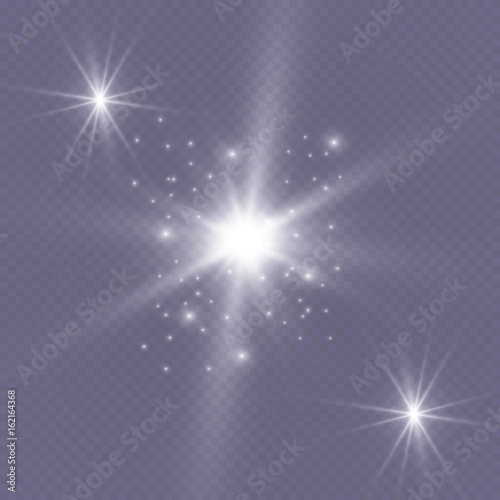 Set of shining lights isolated on a transparent background. The flash flashes with rays and a searchlight. Light effect of glow. The star flashed with sparkles.