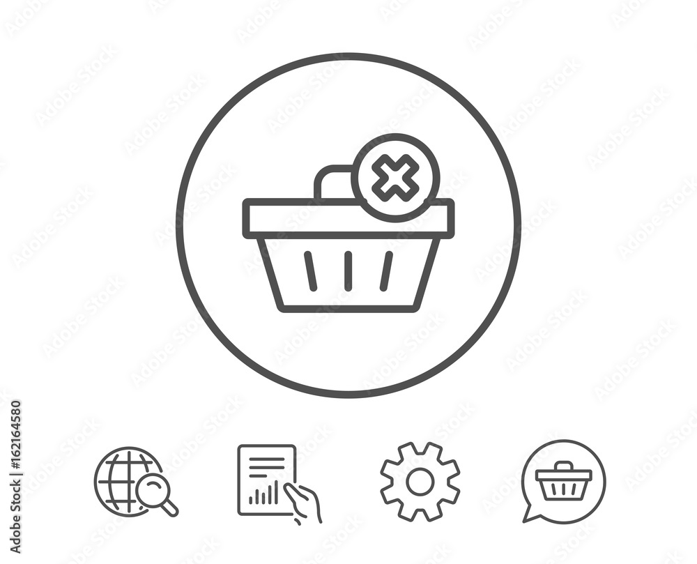 Remove Shopping cart line icon. Online buying sign. Supermarket basket symbol. Hold Report, Service and Global search line signs. Shopping cart icon. Editable stroke. Vector Remove Shopping cart line icon. Online buying sign. Supermarket basket symbol. Hold Report, Service and Global search line signs. Shopping cart icon. Editable stroke. Vector