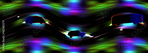 Dark night road with glowing silhouettes of cars and bus creating an illusion of movement. Green, red, 

blue, purple and black highway with two cars and bus