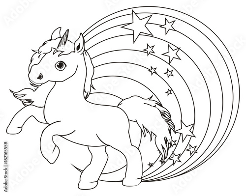 Fototapeta Naklejka Na Ścianę i Meble -  Horse, animal, cartoon, stallion, hooves, neigh,  toy, Unicorn, horn, stars, wings, magic, fairy tale, fiction, fantasy, magic, rainbow, coloring