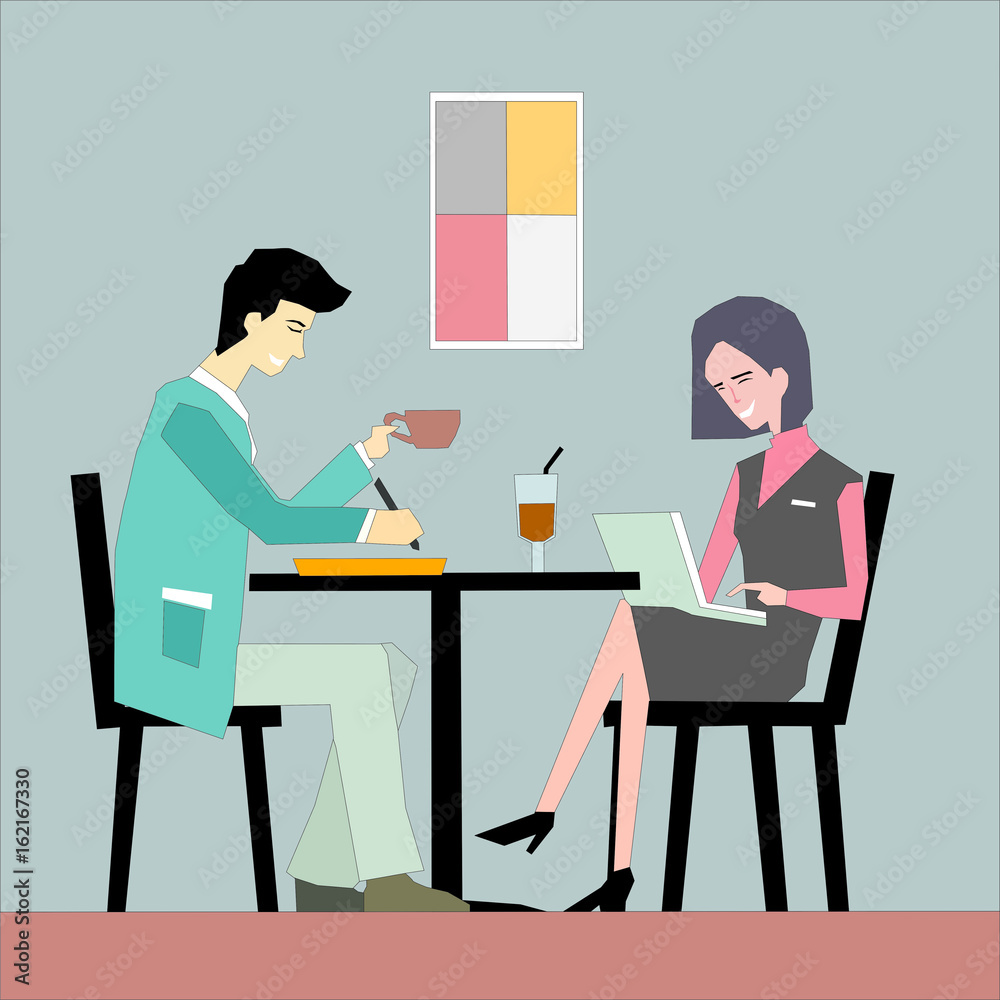 Young and happy business people working at coffee table drinking coffee and drink. Relaxed working concept illustration vector.