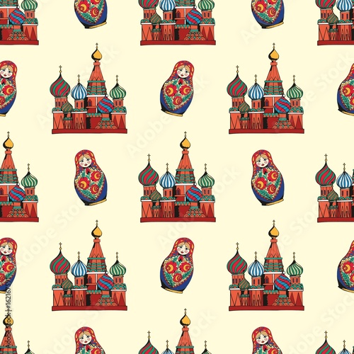 Traditional symbols of Russia. Hand drawing. Vector seamless pattern for design