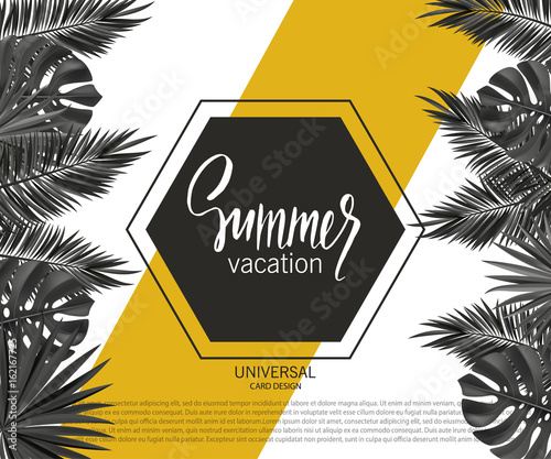 Trendy summer banner, poster with tropical plants and leaves . Vector universal background with place for text.