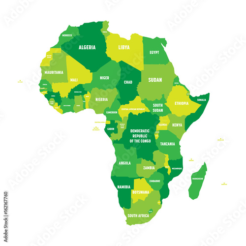 Political map of Africa in four shades of green with white country name labels on white background. Vector illustration.