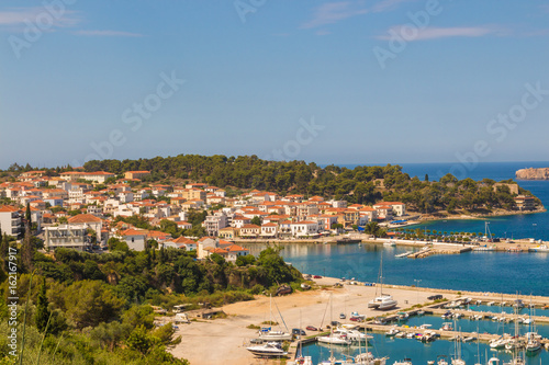 View to Navarino bay and Pylos town marina with boats, Peloponesse, Greece