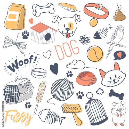 Pets Hand Drawn Doodle with Cats, Dogs and Parrot. Vector illustration