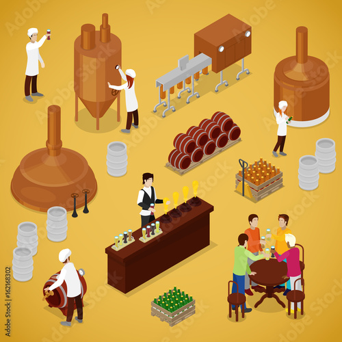 Isometric Brewery Beer Production with Workers, Drinking Elements and Pub. Vector flat 3d illustration