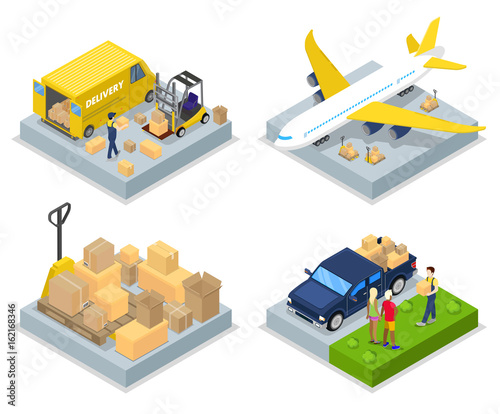 Isometric Delivery Concept. Worldwide Shipping. Air Cargo, Freight Transportation. Vector flat 3d illustration