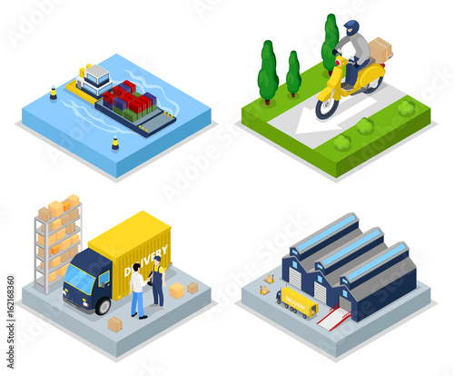 Isometric Delivery Concept. Worldwide Shipping. Warehouse, Freight Transportation. Vector flat 3d illustration