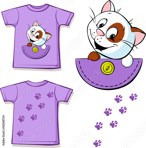 cat in pocket printed on violet shirt