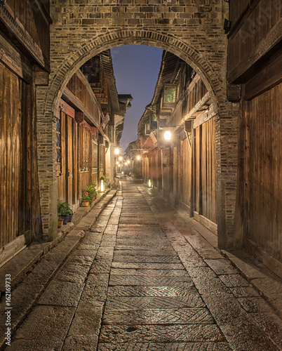 Narrow street in the old town of Wuzhen, China at night