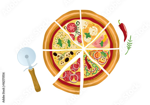 Whole sliced pizza top view icon vector isolated on a white background. Pizza and pizza cutter vector illustration. Different kind of pizza flavors drawing