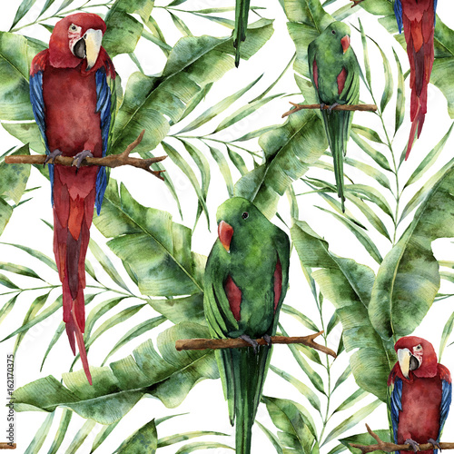 Watercolor seamless pattern with parrots, banana palm leaves and hibiscus. Hand painted red-and-green macaw, palm branch and flowers isolated on white background. Floral print with tropical bird