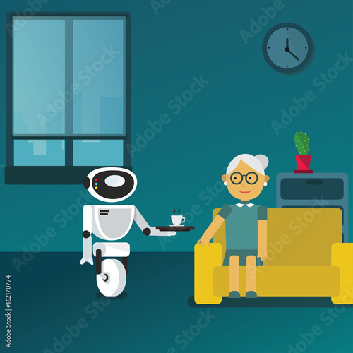Domestic robot brings cup of coffee to his old aged owner at home. Personal robot assistance futuristic concept illustration vector.