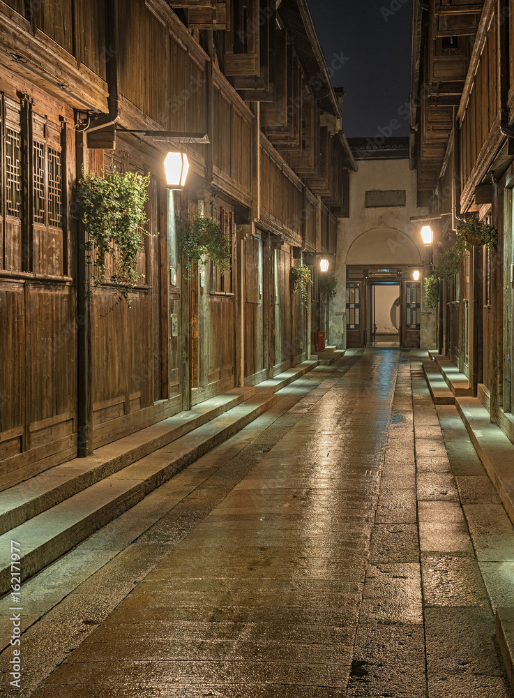 Narrow street in the old town of Wuzhen, China at night