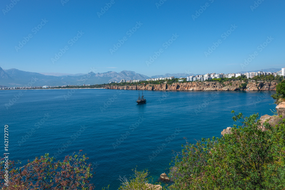 View of Antalya harbor, Mediterranean sea and seacoast, Antalya, Turkey