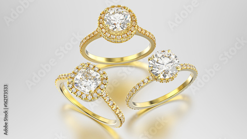 3D illustration three different yellow gold diamonds rings with reflection