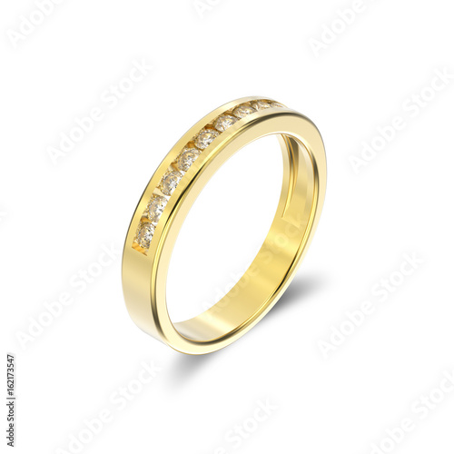 3D illustration yellow gold ring with diamonds with shadow