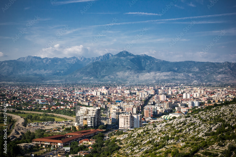 Shkoder city in Albania with mountains in background beautiful landscape.