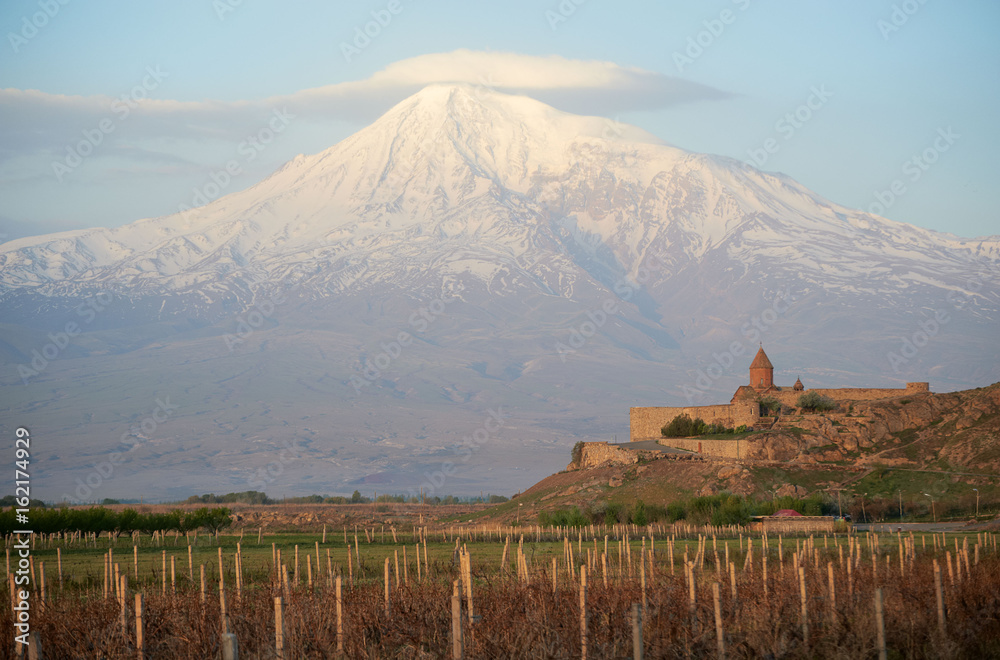 Ancient monastery Khor Virap in Armenia with Ararat mountain on the background