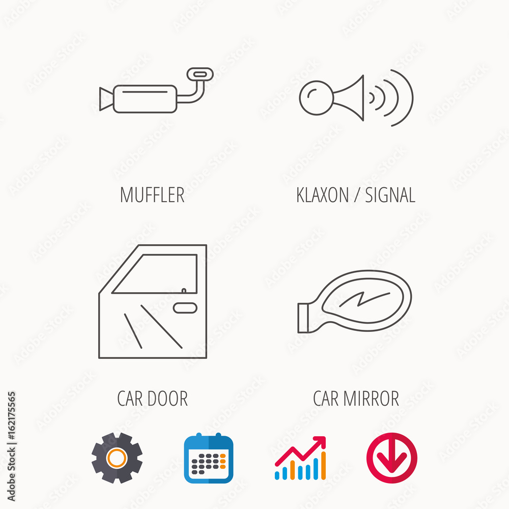 Car door, muffler and klaxon signal icons. Car mirror linear sign. Calendar, Graph chart and Cogwheel signs. Download colored web icon. Vector Car door, muffler and klaxon signal icons. Car mirror linear sign. Calendar, Graph chart and Cogwheel signs. Download colored web icon. Vector