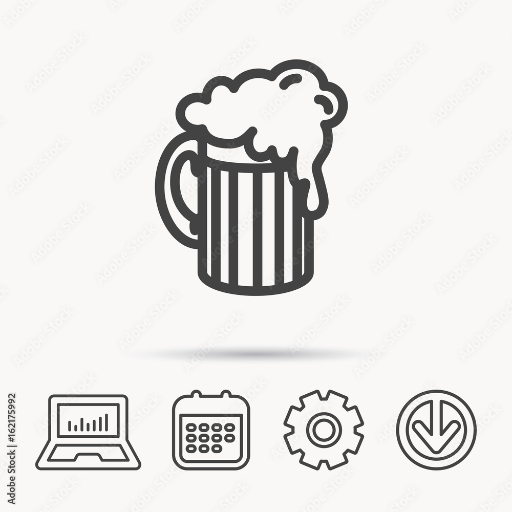 Beer icon. Glass of alcohol drink sign. Brewery symbol. Notebook, Calendar and Cogwheel signs. Download arrow web icon. Vector