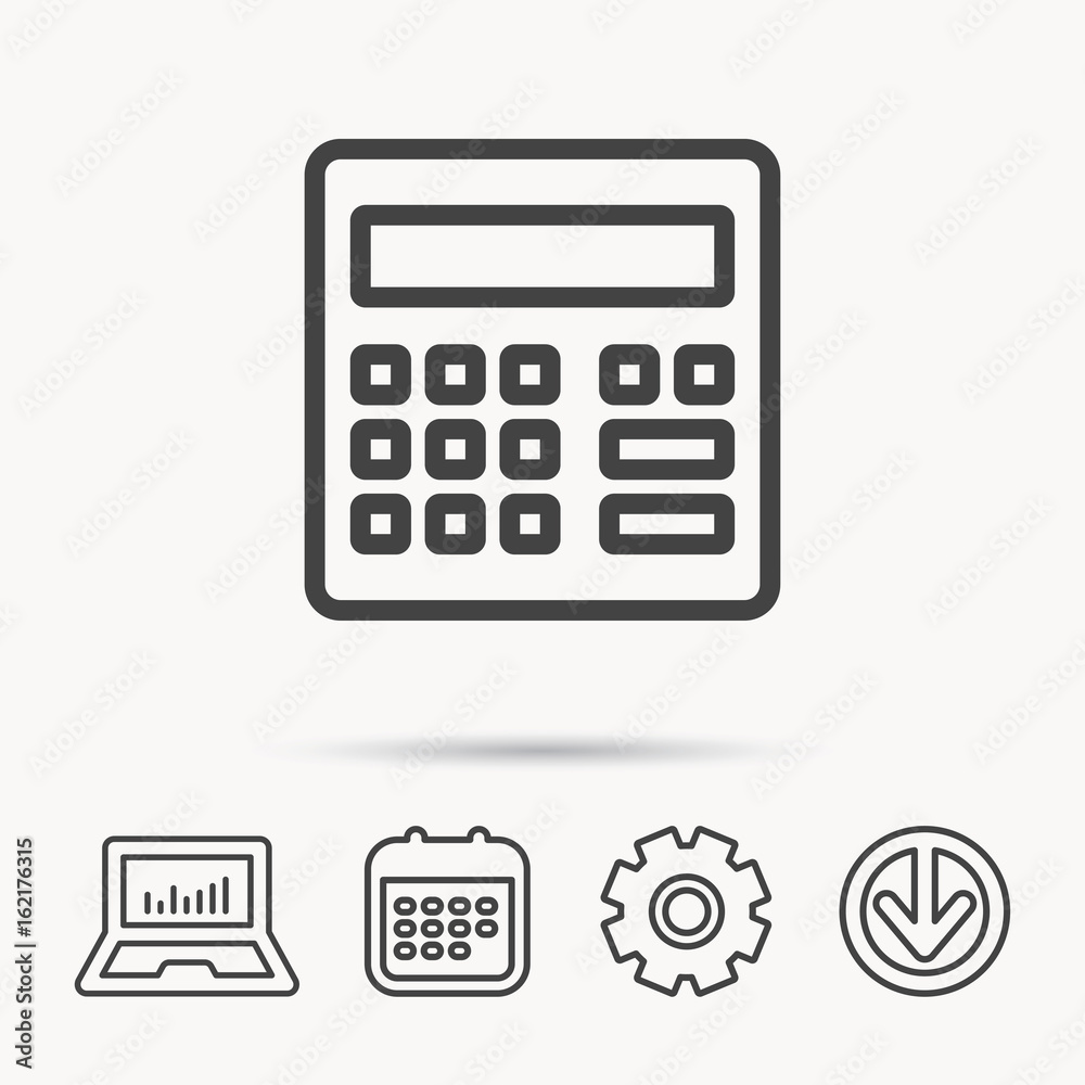 Calculator icon. Accounting sign. Balance calculation symbol. Notebook, Calendar and Cogwheel signs. Download arrow web icon. Vector Calculator icon. Accounting sign. Balance calculation symbol. Notebook, Calendar and Cogwheel signs. Download arrow web icon. Vector