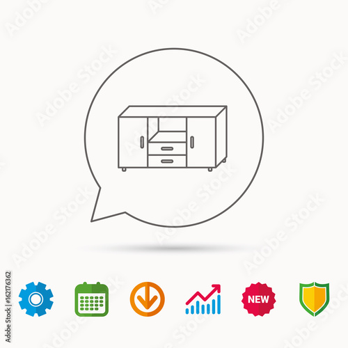 Chest of drawers icon. Interior commode sign. Calendar, Graph chart and Cogwheel signs. Download and Shield web icons. Vector