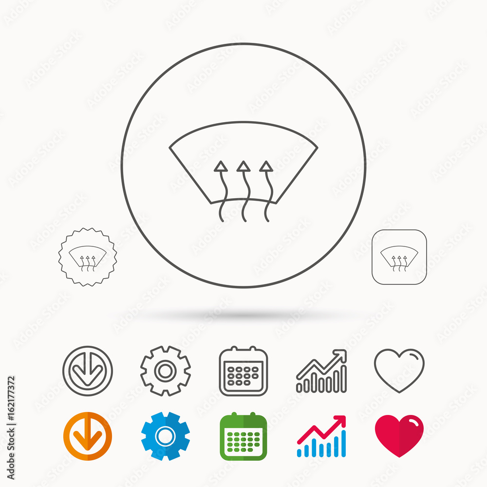 Heated window icon. Windshield arrows sign. Calendar, Graph chart and Cogwheel signs. Download and Heart love linear web icons. Vector Heated window icon. Windshield arrows sign. Calendar, Graph chart and Cogwheel signs. Download and Heart love linear web icons. Vector