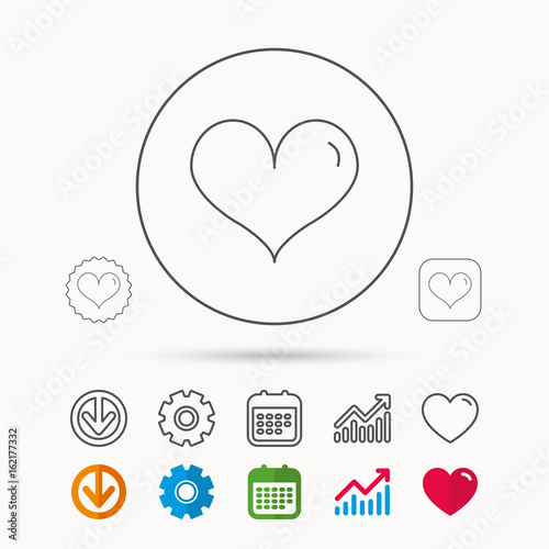 Heart icon. Love sign. Life symbol. Calendar, Graph chart and Cogwheel signs. Download and Heart love linear web icons. Vector