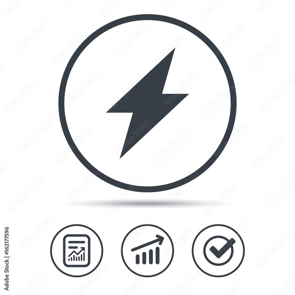 Lightning icon. Electricity energy power symbol. Report document, Graph chart and Check signs. Circle web buttons. Vector Lightning icon. Electricity energy power symbol. Report document, Graph chart and Check signs. Circle web buttons. Vector