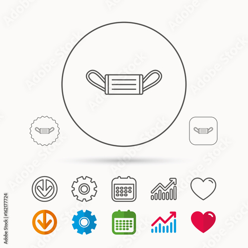 Medical mask icon. Epidemic sign. Illness protection symbol. Calendar, Graph chart and Cogwheel signs. Download and Heart love linear web icons. Vector