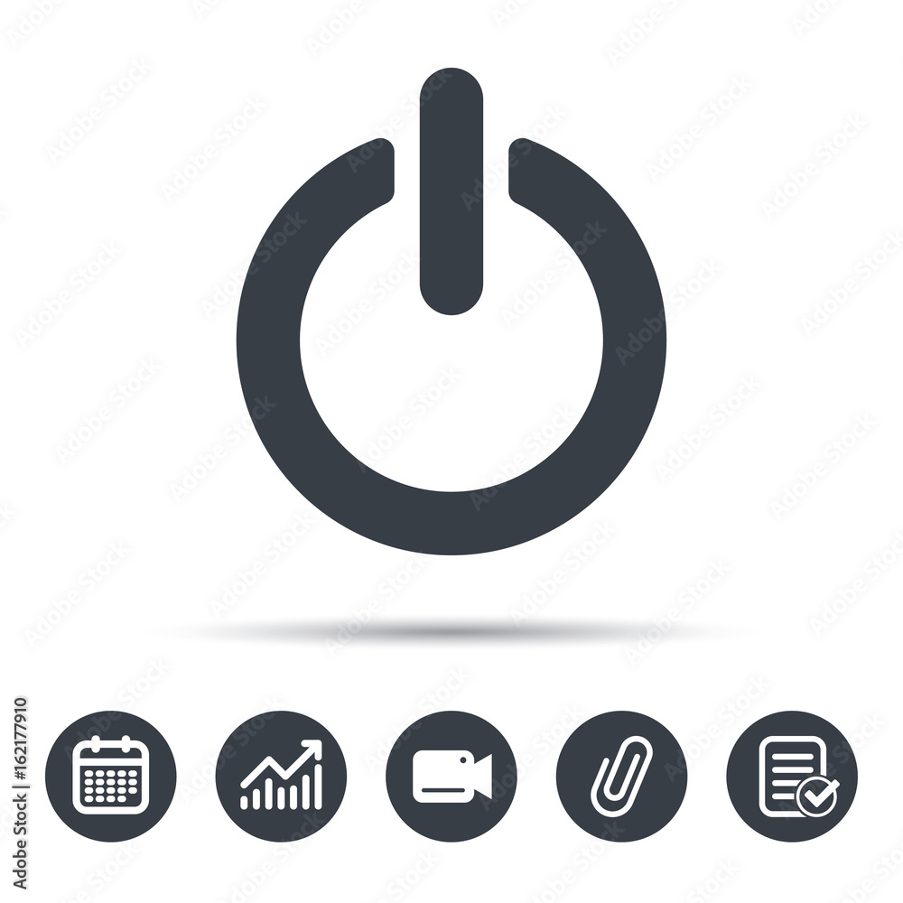 On, off power icon. Energy switch symbol. Calendar, chart and checklist signs. Video camera and attach clip web icons. Vector On, off power icon. Energy switch symbol. Calendar, chart and checklist signs. Video camera and attach clip web icons. Vector