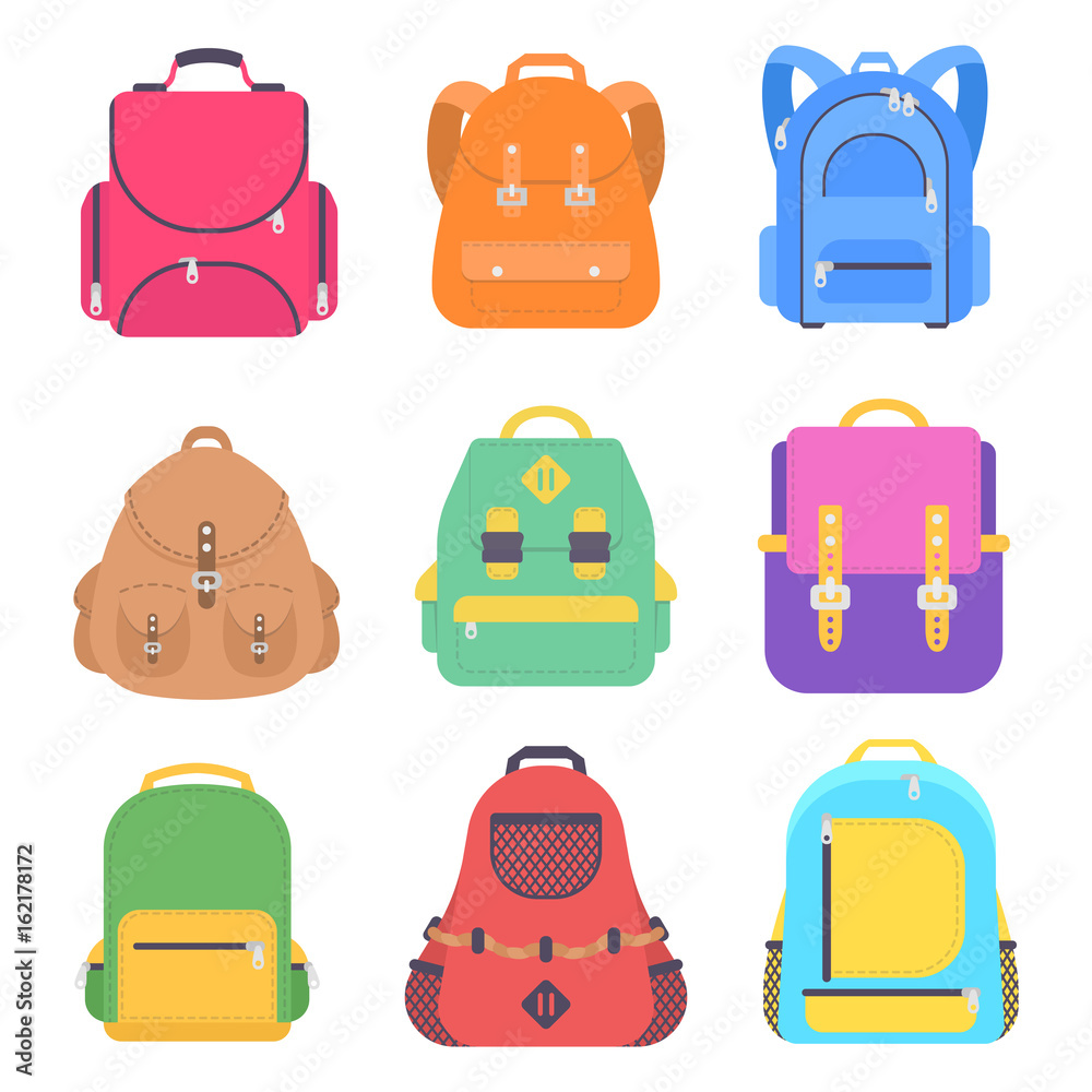 Set bag school flat isolated on white background. Pink backpack icon cartoon  - obrazy, fototapety, plakaty 