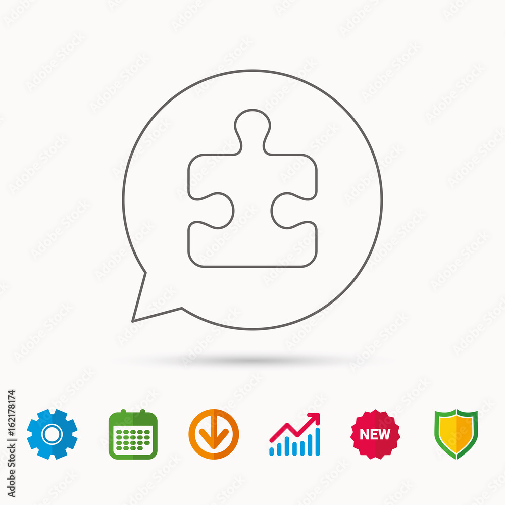 Puzzle icon. Jigsaw logical game sign. Boardgame piece symbol. Calendar, Graph chart and Cogwheel signs. Download and Shield web icons. Vector Puzzle icon. Jigsaw logical game sign. Boardgame piece symbol. Calendar, Graph chart and Cogwheel signs. Download and Shield web icons. Vector