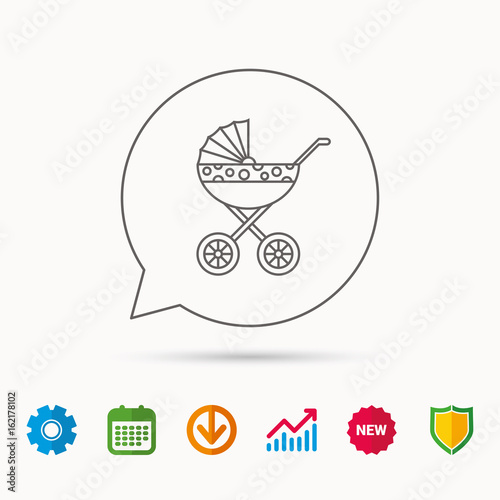 Pram icon. Newborn stroller sign. Child buggy transportation symbol. Calendar, Graph chart and Cogwheel signs. Download and Shield web icons. Vector