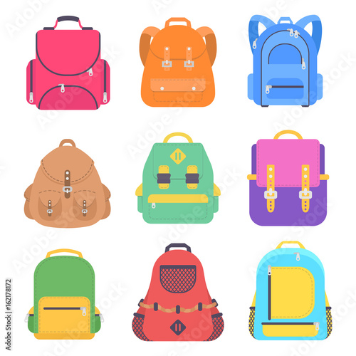 Set bag school flat isolated on white background. Pink backpack icon cartoon  photo
