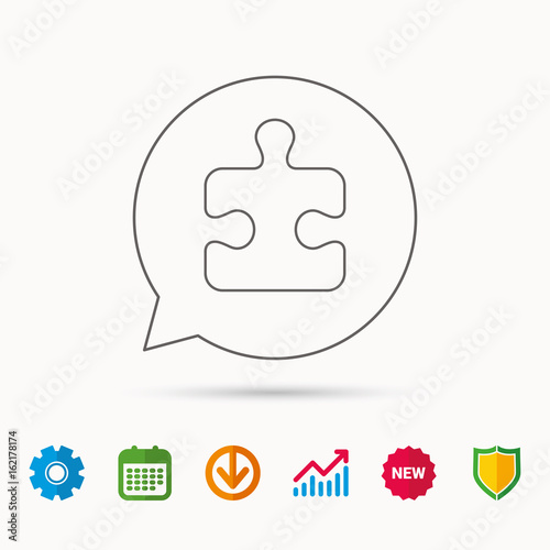 Puzzle icon. Jigsaw logical game sign. Boardgame piece symbol. Calendar, Graph chart and Cogwheel signs. Download and Shield web icons. Vector